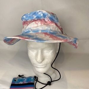 Bioworld Sun hat Wide Brim Chin Strap & Koozie Holder Pink Blue Floral NWT